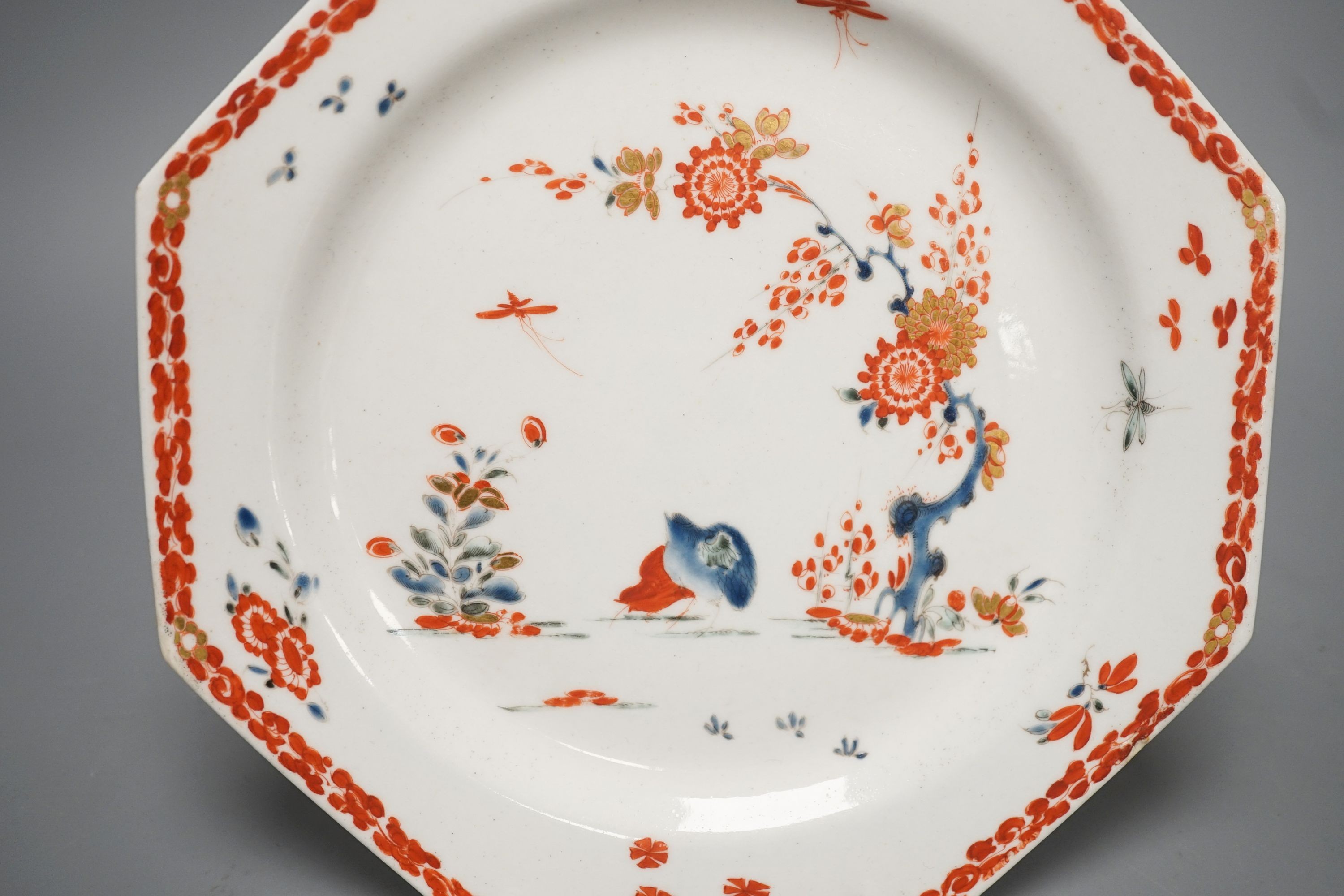 A good Bow octagonal plate painted in kakiemon style with the Two Quail bowl pattern c. 1755-58, 21cm